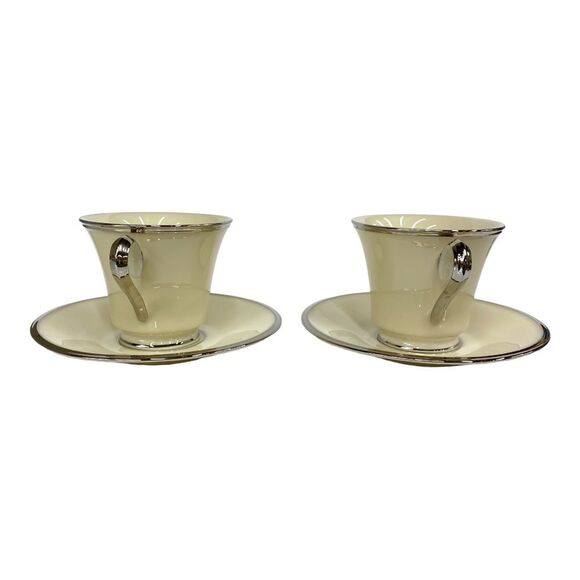 Set of Two Lenox Solitaire Teacup and Saucer in Ivory with Platinum Silver Rim - Picture 9 of 11